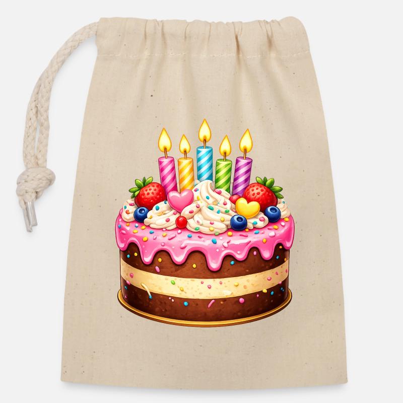 Gâteau d’anniversaire avec bougies - Sac cadeau en coton avec cordon (14 x 20 cm) - nature