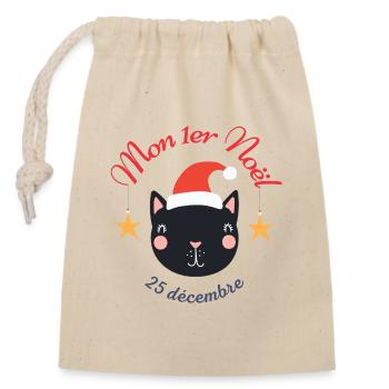 Mon 1er Noël - Chat - Sac cadeau en coton avec cordon (14 x 20 cm) - nature - Devant