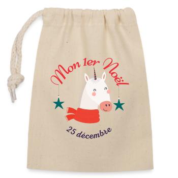 Mon 1er Noël - Licorne - Sac cadeau en coton avec cordon (14 x 20 cm) - nature - Devant