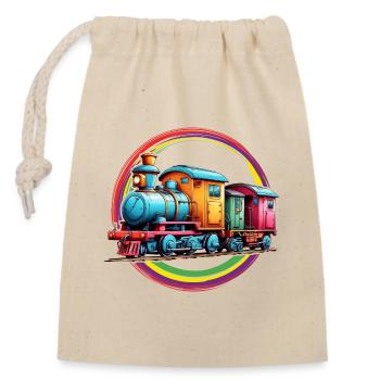 Kleine bunte Eisenbahn für Jungen und Mädchen - Verschließbarer Geschenkbeutel aus Baumwolle (14x20cm) - Natur - Vorne