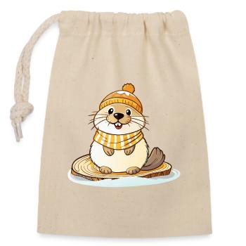 Niedlicher Otter mit Schal und Pudelmütze. - Verschließbarer Geschenkbeutel aus Baumwolle (14x20cm) - Natur - Vorne