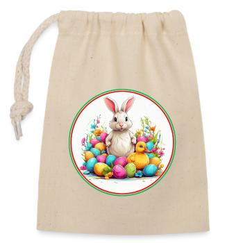 Osterhase im Osternest bunte Eier und Entenküken - Verschließbarer Geschenkbeutel aus Baumwolle (14x20cm) - Natur - Vorne
