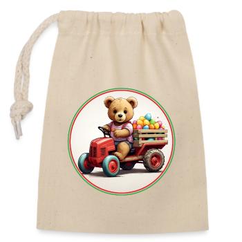 lustiger Oster Teddybär bringt Eier im Ostermobil - Verschließbarer Geschenkbeutel aus Baumwolle (14x20cm) - Natur - Vorne