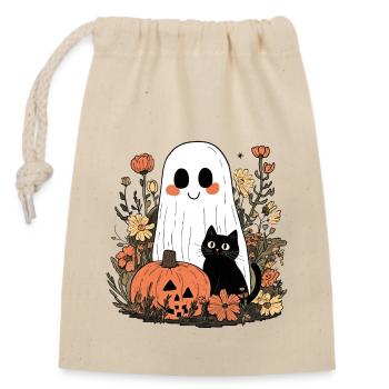 HALLOWEEN Retro Little Ghosts Ghost with Cat - Closable cotton gift bag (14x20cm) - nature - Front