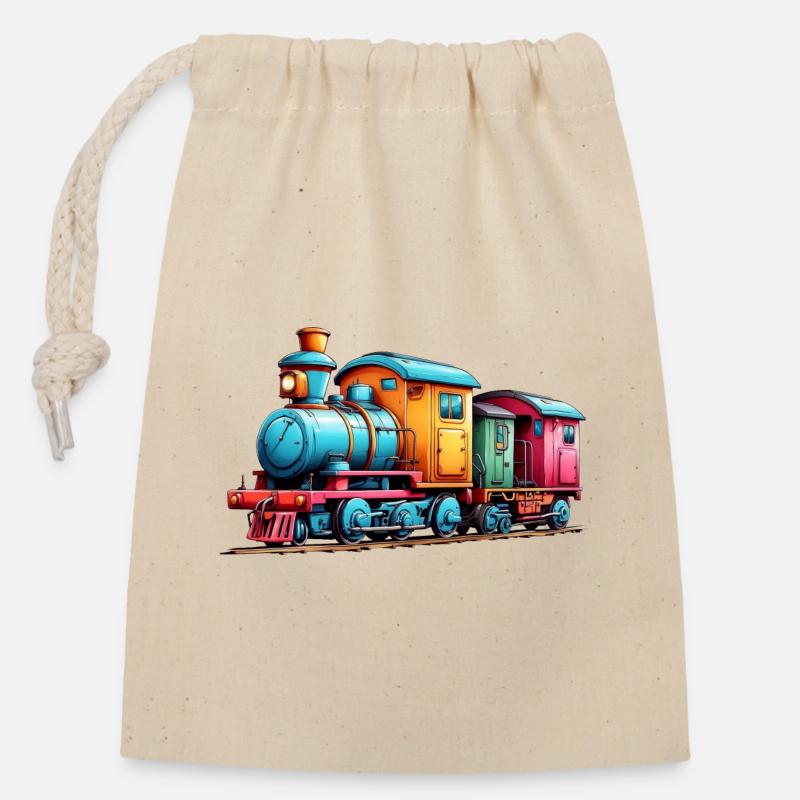 Petit train coloré pour garçons et filles - Sac cadeau en coton avec cordon (14 x 20 cm) - nature