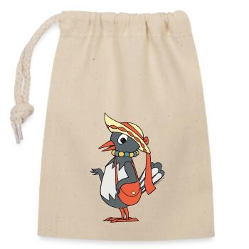 Frau Elster mit Tasche und Hut - Verschließbarer Geschenkbeutel aus Baumwolle (14x20cm) - Natur - Vorne