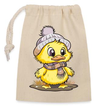 Cute duck with scarf and bobble hat. - Closable cotton gift bag (14x20cm) - nature - Front