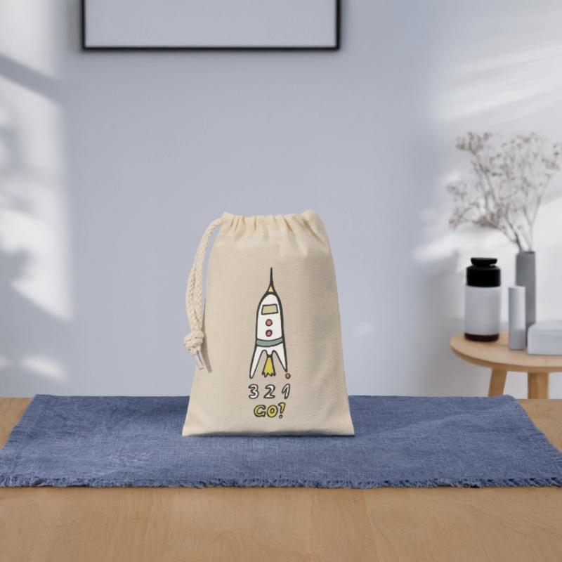 Fusée spatiale 3 2 1 Go ! Sac cadeau en coton avec cordon (14 x 20 cm)