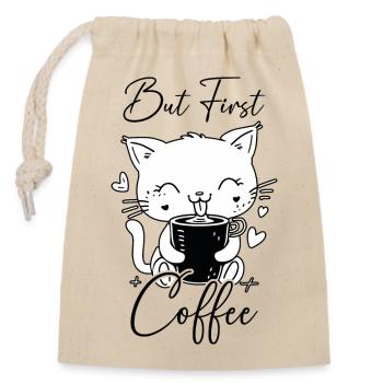 Katze Kaffee But First Coffee Morgenmuffel Lustig - Verschließbarer Geschenkbeutel aus Baumwolle (14x20cm) - Natur - Vorne