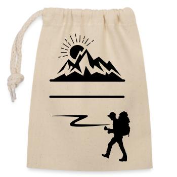 Backpack hiker, mountains on background banner - Closable cotton gift bag (14x20cm) - nature - Front