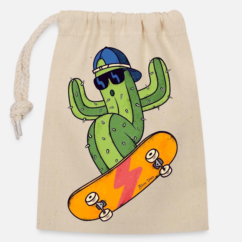 Kaktus Skater - Verschließbarer Geschenkbeutel aus Baumwolle (14x20cm) - Natur