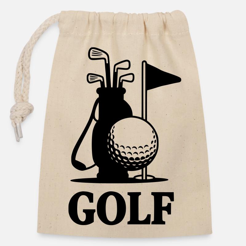 Golf Schriftzug mit Golf Equipment  - Verschließbarer Geschenkbeutel aus Baumwolle (14x20cm) - Natur