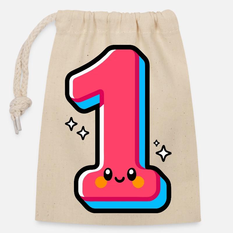 Numéro 1 Rose Heureux Illustré - Sac cadeau en coton avec cordon (14 x 20 cm) - nature
