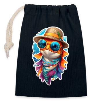 Drôle de poisson carpe koï avec lunettes de soleil et chapeau - Sac cadeau en coton avec cordon (14 x 20 cm) - bleu marine - Devant