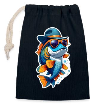 Drôle de poisson carpe koï avec lunettes de soleil et chapeau - Sac cadeau en coton avec cordon (14 x 20 cm) - bleu marine - Devant