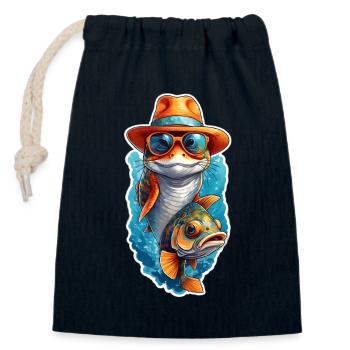 Drôle de poisson carpe koï avec lunettes de soleil et chapeau - Sac cadeau en coton avec cordon (14 x 20 cm) - bleu marine - Devant