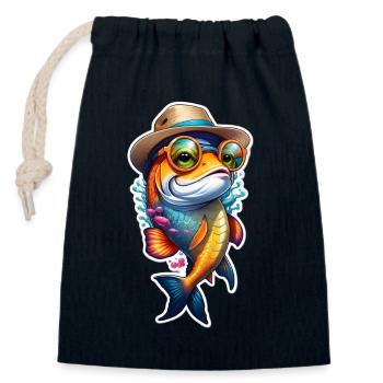 Drôle de poisson carpe koï avec lunettes de soleil et chapeau - Sac cadeau en coton avec cordon (14 x 20 cm) - bleu marine - Devant
