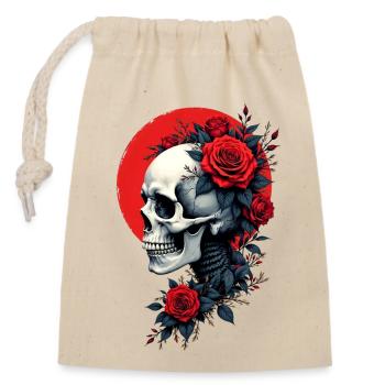 Totenkopf & rote Rosen, Gothic, Schädel, Fels - Verschließbarer Geschenkbeutel aus Baumwolle (14x20cm) - Natur - Vorne