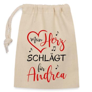 Mein Herz schlägt für Andrea - Verschließbarer Geschenkbeutel aus Baumwolle (14x20cm) - Natur - Vorne