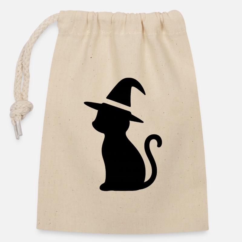 Cat with Witch Hat - Closable cotton gift bag (14x20cm) - nature