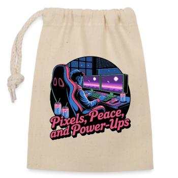 Pixels, Peace & Power-Ups – Gaming Setup - Closable cotton gift bag (14x20cm) - nature - Front
