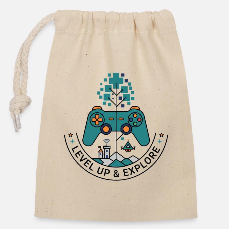 Badge Monte de niveau & Exploration - Sac cadeau en coton avec cordon (14 x 20 cm) - nature