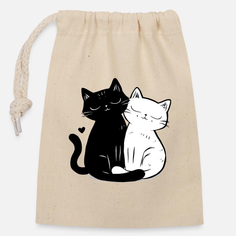 Couple de chats noirs et blancs - - Sac cadeau en coton avec cordon (14 x 20 cm) - nature