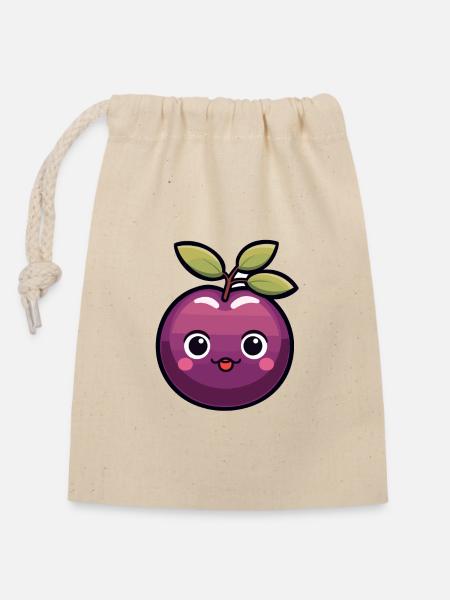 Kawaii Plum Süße Pflaume - Verschließbarer Geschenkbeutel aus Baumwolle (14x20cm) - Natur
