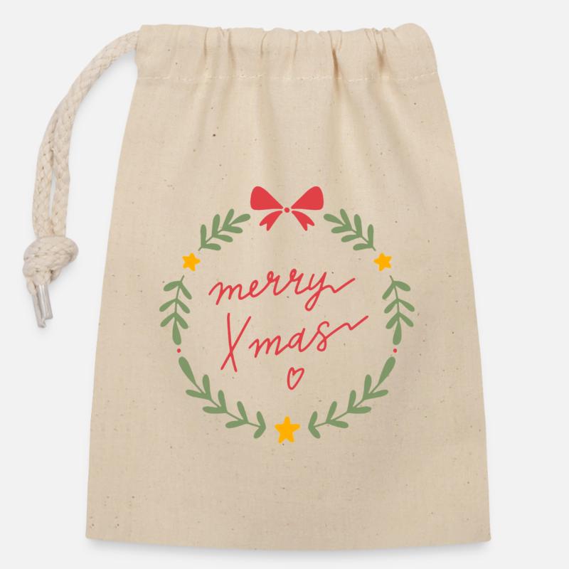 Merry Xmas Kranz Wreath - Closable cotton gift bag (14x20cm) - nature