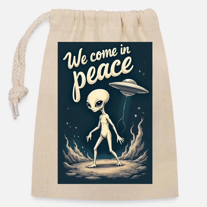 Un gentil petit extraterrestre sort de son OVNI - Sac cadeau en coton avec cordon (14 x 20 cm) - nature