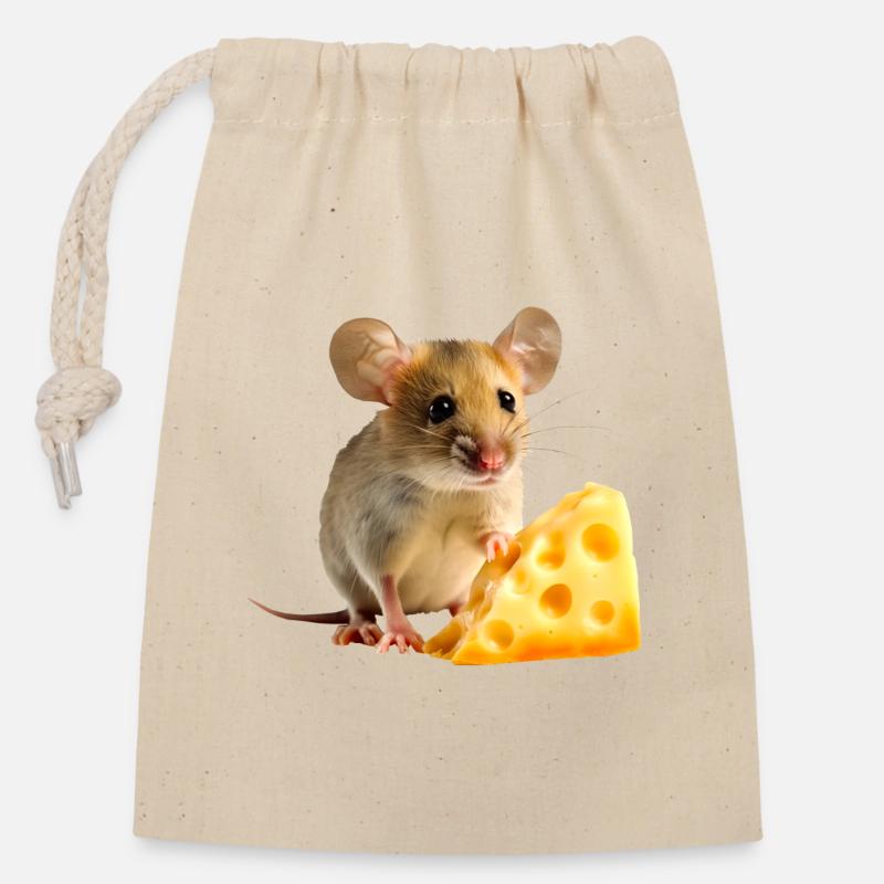 Maus mit Käse - Verschließbarer Geschenkbeutel aus Baumwolle (14x20cm) - Natur