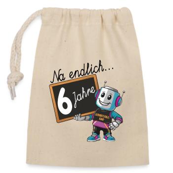 sechster Geburtstag, 6. Geburtstag kleiner Roboter - Verschließbarer Geschenkbeutel aus Baumwolle (14x20cm) - Natur - Vorne
