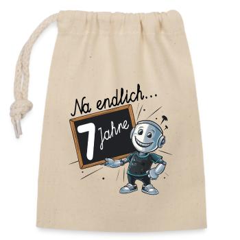 siebter Geburtstag, 7. Geburtstag kleiner Roboter - Verschließbarer Geschenkbeutel aus Baumwolle (14x20cm) - Natur - Vorne