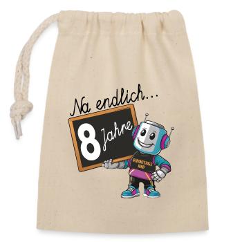 achter Geburtstag, 8. Geburtstag kleiner Roboter - Verschließbarer Geschenkbeutel aus Baumwolle (14x20cm) - Natur - Vorne