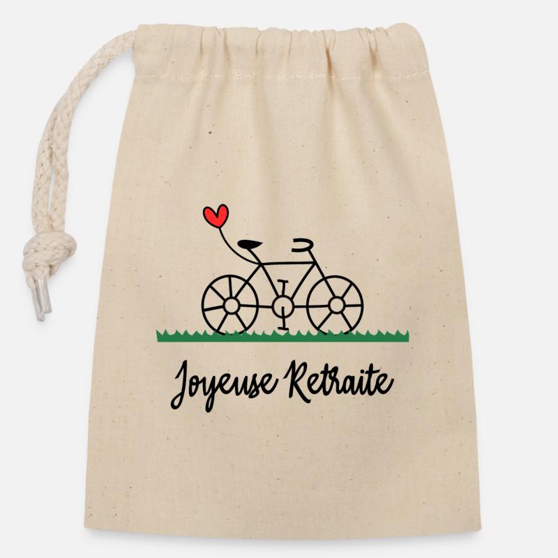 RETRAITE. BONNE RETRAITE. JOYEUSE RETRAITE. VELO - Sac cadeau en coton avec cordon (14 x 20 cm) - nature