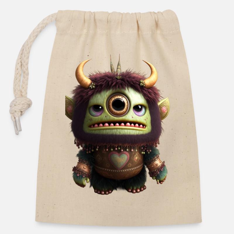 Cartoon Monster - Verschließbarer Geschenkbeutel aus Baumwolle (14x20cm) - Natur
