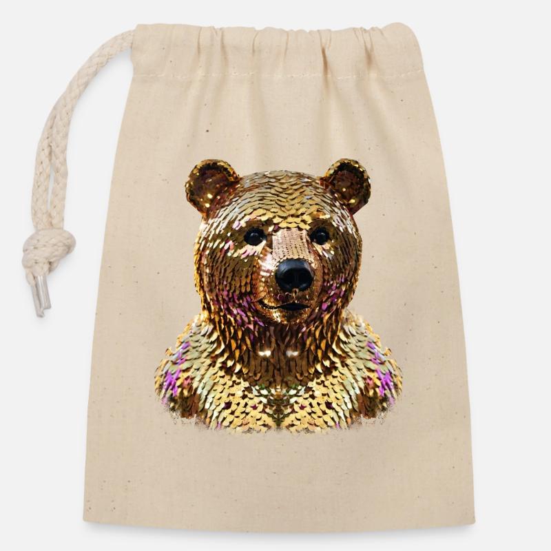 Bear,Golden Bear,Bear with Sequins,Shiny - Closable cotton gift bag (14x20cm) - nature