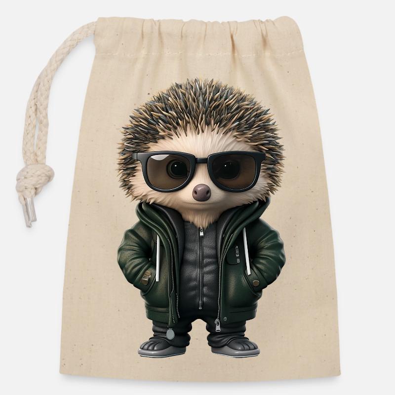 cooler Igel mit Sonnenbrille und Kapuzenjacke - Verschließbarer Geschenkbeutel aus Baumwolle (14x20cm) - Natur
