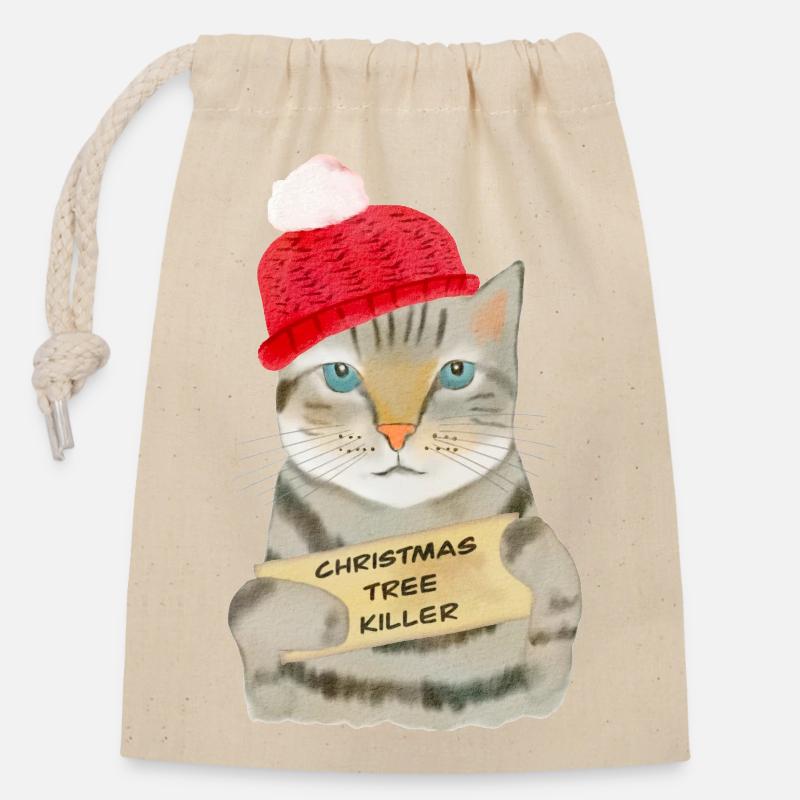 Witzige Weihnachts Katze - Christmas Tree-Killer - Verschließbarer Geschenkbeutel aus Baumwolle (14x20cm) - Natur