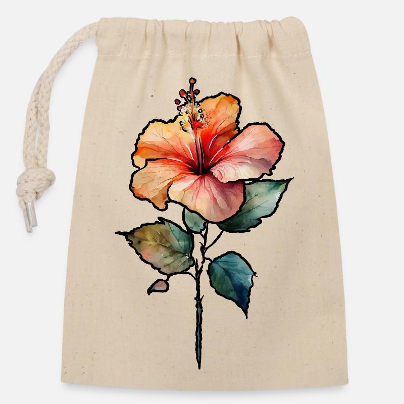 Hibiscus - Sac cadeau en coton avec cordon (14 x 20 cm) - nature