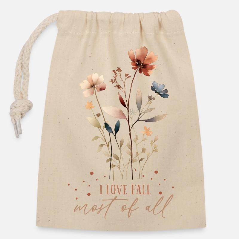 J’aime l’Automne -Bouquet de Fleurs d’Automne - Sac cadeau en coton avec cordon (14 x 20 cm) - nature