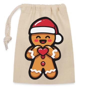 Kawaii Lebkuchenmann Herz Weihnachten - Verschließbarer Geschenkbeutel aus Baumwolle (14x20cm) - Natur - Vorne