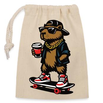 Colles Capybara Skateboard Kaffee - Verschließbarer Geschenkbeutel aus Baumwolle (14x20cm) - Natur - Vorne