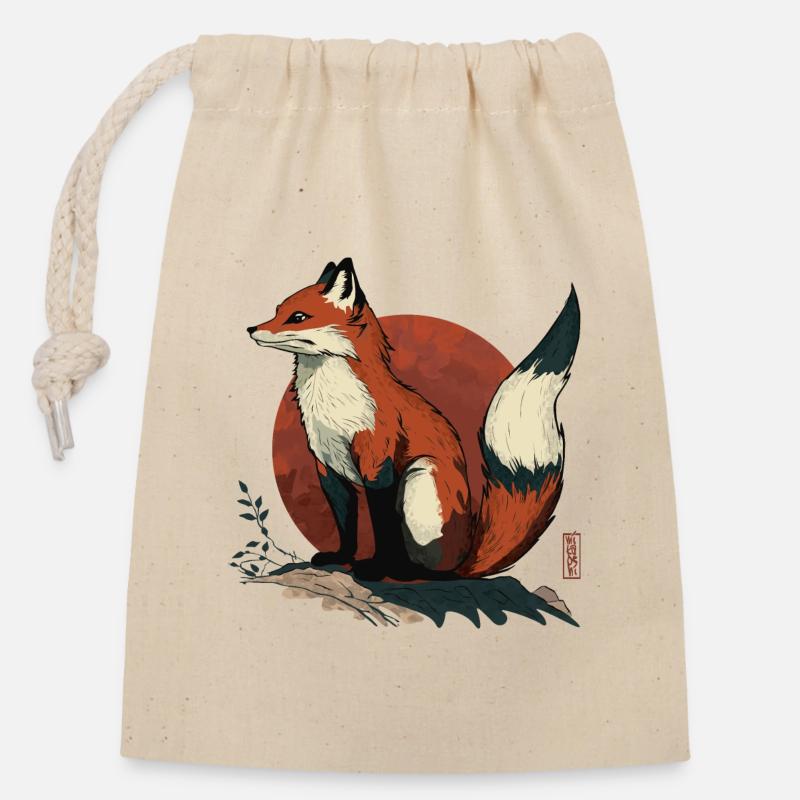 Renard japonais - Sac cadeau en coton avec cordon (14 x 20 cm) - nature