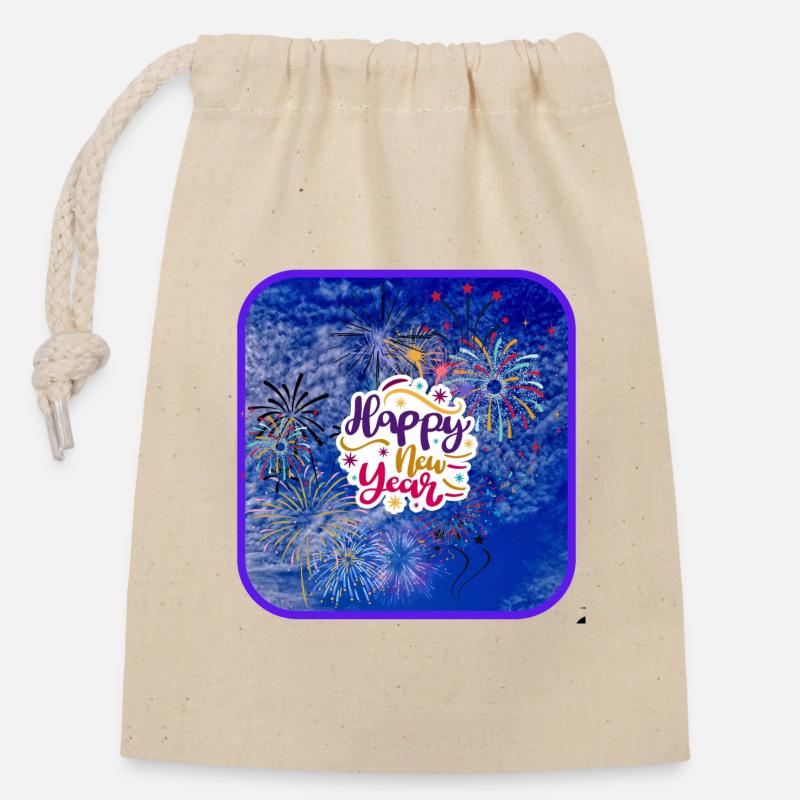 Bonne année ! - Sac cadeau en coton avec cordon (14 x 20 cm) - nature