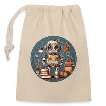 Petit robot drôle avec beaucoup de fournitures scolaires - Sac cadeau en coton avec cordon (14 x 20 cm) - nature - Devant