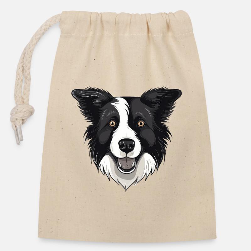 Border Collie - Sac cadeau en coton avec cordon (14 x 20 cm) - nature