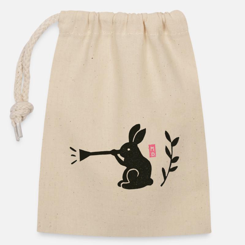 Rabbit Playing Trumpet - Linocut - Closable cotton gift bag (14x20cm) - nature