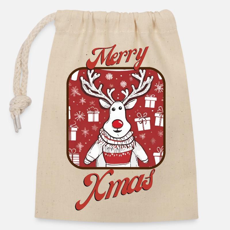 Rudi das Ren 2 - Verschließbarer Geschenkbeutel aus Baumwolle (14x20cm) - Natur