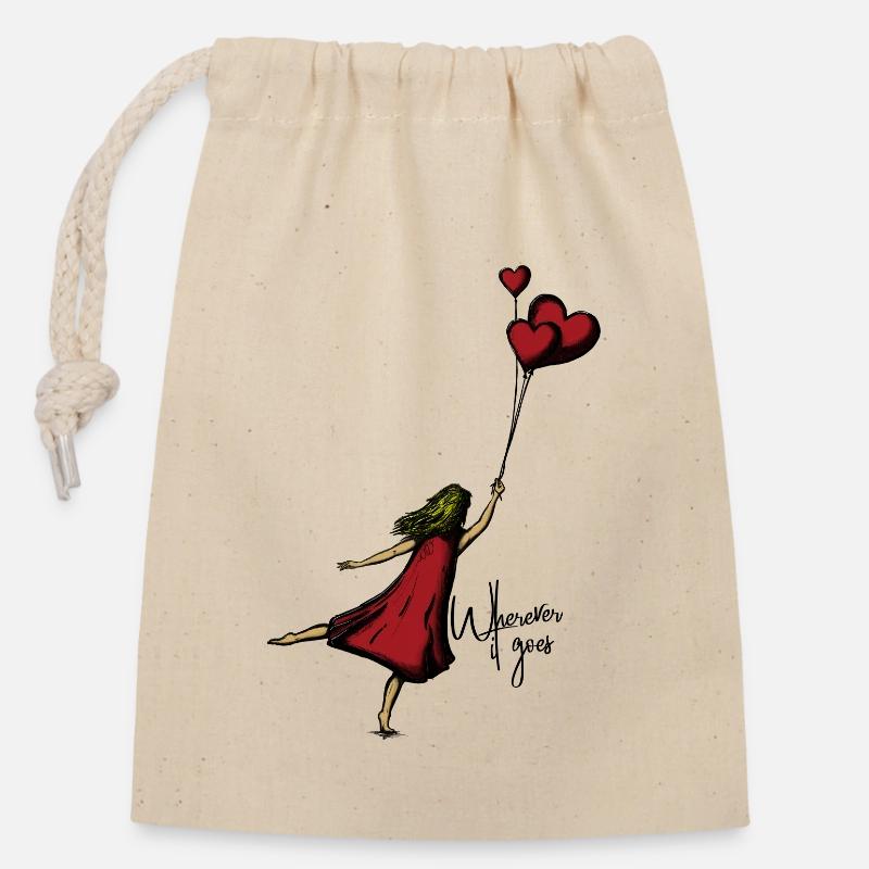 Vol en forme de cœur dans une robe rouge - Sac cadeau en coton avec cordon (14 x 20 cm) - nature